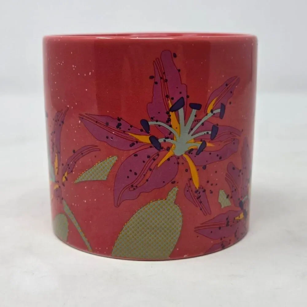 STARBUCKS SUMMER 2022 LILY FLOWERS GUAVA PINK/RED SPECKLED CERAMIC MUG 12 OZ.